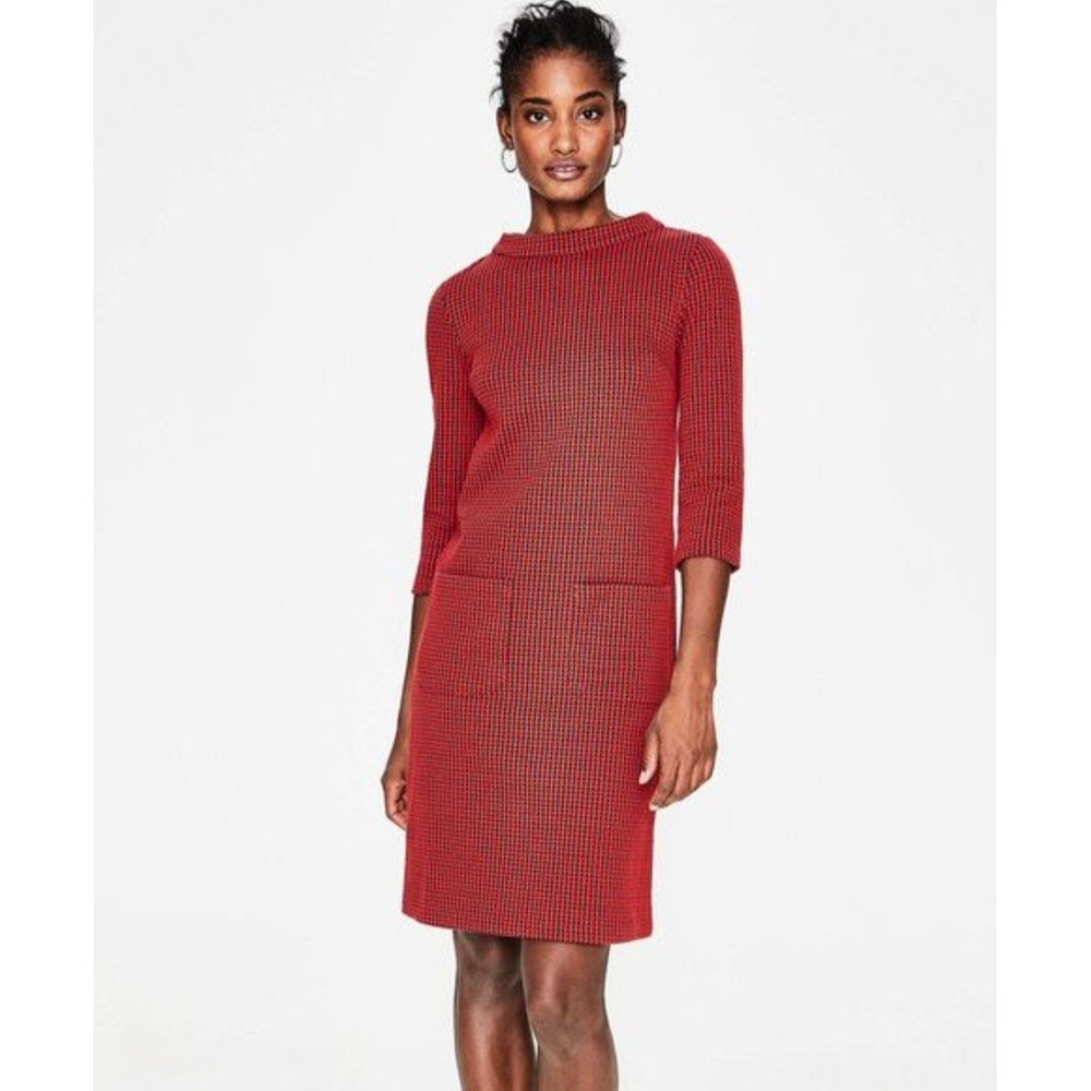 Boden Dress 4L Womens Opal Houndstooth Ponte Red 3/4 Sleeve Pockets Retro Sheath